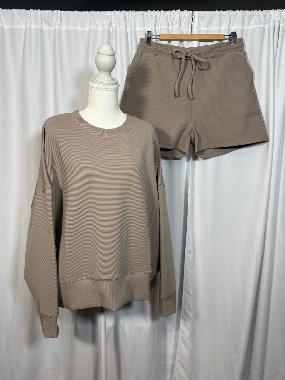 Zenana Taupe Long-sleeve & Drawstring Shorts Set